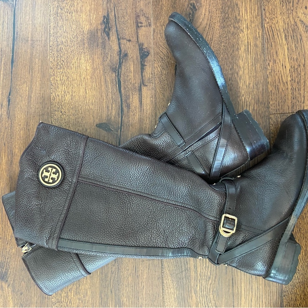 Tory Burch Dark Brown Leather Mid-Calf Riding Boots with Logo Medallion